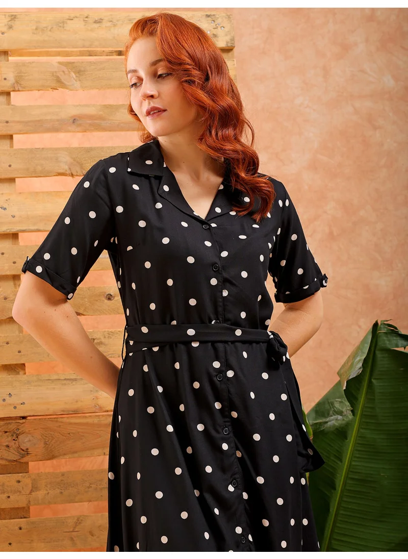 Freehand Women Casual A-Line Polka Dot Printed Collared Neck Longlength Long Dress