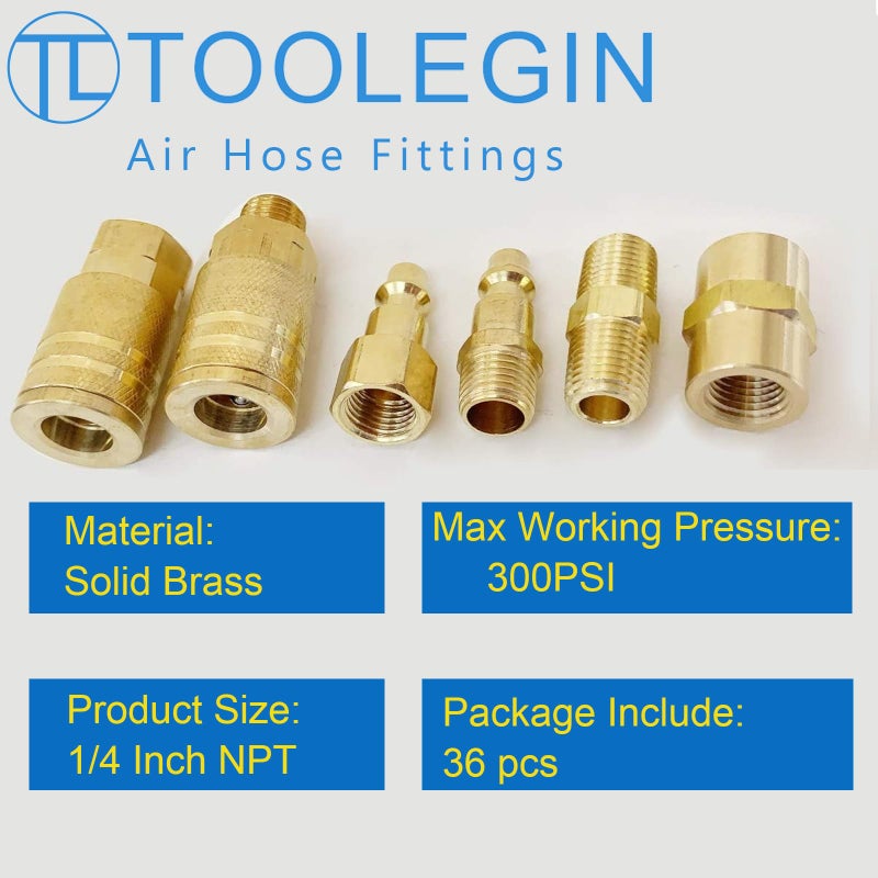 TL TOOLEGIN 1/4" Air Hose Fittings, 36 pcs Quick Connect Air Compressor Accessories Kit, Air Compressor Fittings with Storage Case, 300 PSI - Image 4