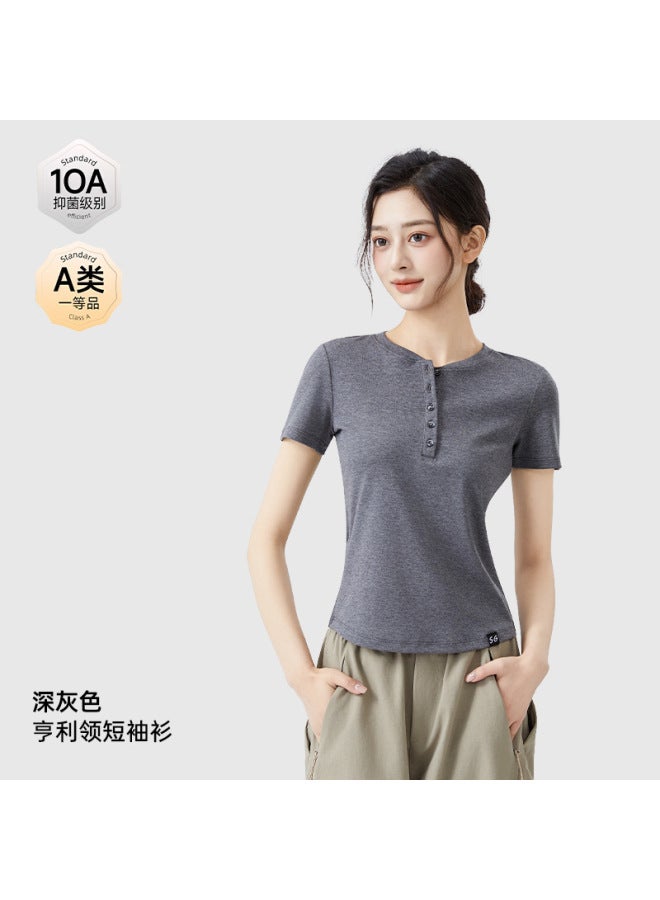 Spring/summer 10a Antibacterial Cool-feeling Tencel Cotton T-shirt Women's Henley Neck Slim Fit Four-way Stretch Breathable Versatile Short-sleeve Top Women's