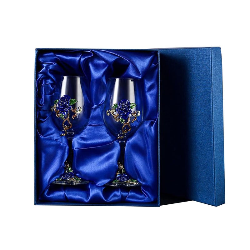 jessie Wine Glass Handmade Painted Enamel Flower Gin Glass Wine Glass Birthday Mothers Day Gifts (Blue *2+gift box) - Image 1