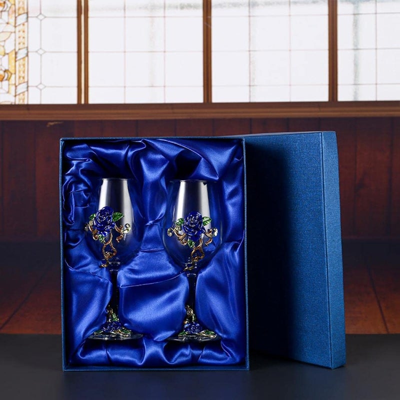 jessie Wine Glass Handmade Painted Enamel Flower Gin Glass Wine Glass Birthday Mothers Day Gifts (Blue *2+gift box) - Image 4
