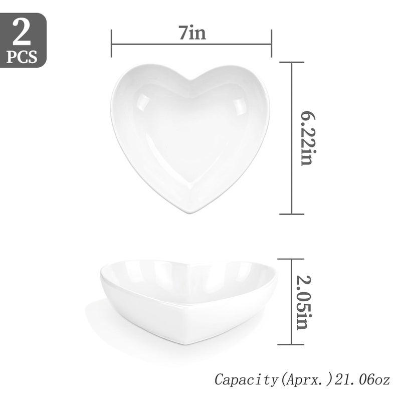 WHJY Set of 2 Porcelain Heart Shaped Bowls, 7 inches White Ceramic Dish Set for Valentines Day, Salad, Fruit, Cereal and Appetizer - Image 2