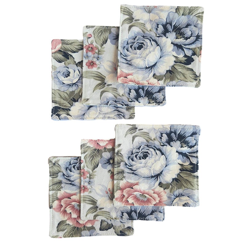 CUSHYSTORE Canvas Floral 2 Layers Coasters Saucers Absorbant Mat Pad Floral Botanical Style Fabric Quilted for Glass Cup Drinking 4""  6 Pack (Blue Rose Garden) - Image 1