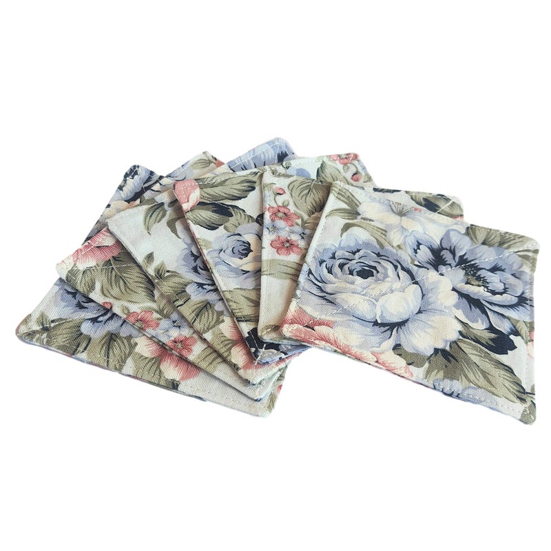 CUSHYSTORE Canvas Floral 2 Layers Coasters Saucers Absorbant Mat Pad Floral Botanical Style Fabric Quilted for Glass Cup Drinking 4""  6 Pack (Blue Rose Garden) - Image 5