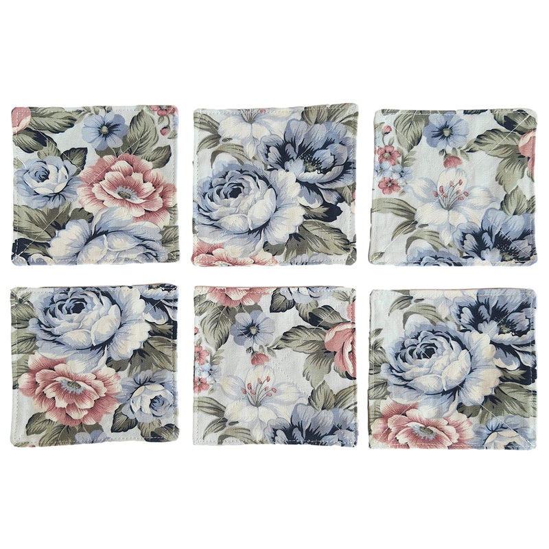 CUSHYSTORE Canvas Floral 2 Layers Coasters Saucers Absorbant Mat Pad Floral Botanical Style Fabric Quilted for Glass Cup Drinking 4""  6 Pack (Blue Rose Garden) - Image 3