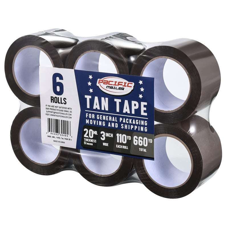 Pacific Mailer Brown/Tan Acrylic Packing Tape, 3 Inch Wide, 2.0mil Thickness, 110 Yard Per Roll [Pack of 6 Rolls] - Image 1