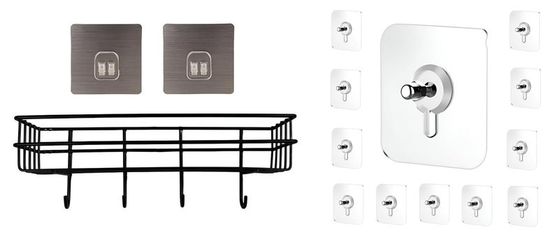 NoDrill WallMount Organizer with Hooks Black Bathroom Rack with 4 Hooks Wall Mounted Adhesive Hooks Stainless Steel ABS Nail Free Seamless Adhesive 10 Pack