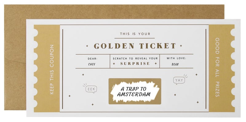 CJ&M The Golden Ticket | Scratch & reveal surprise ticket, Golden ticket, Scratch Card, Surprise holiday, Gift reveal, Surprise gift - Image 1