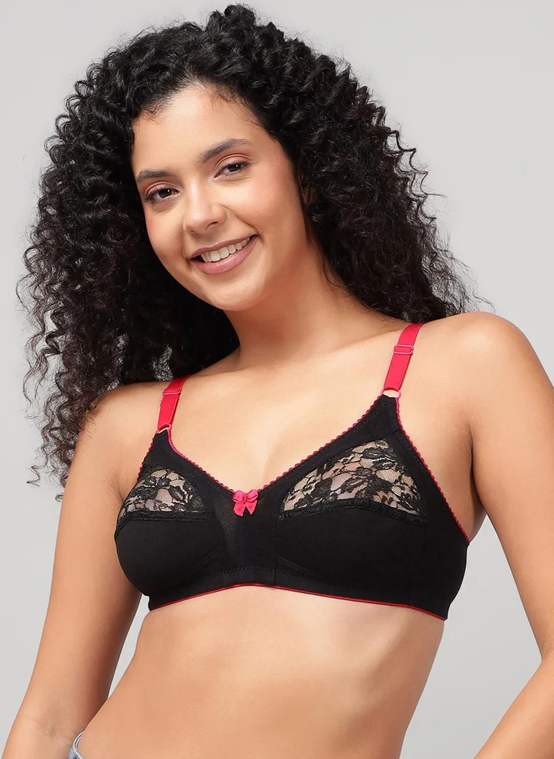 كلوفيا Clovia Cotton & Lace Non-Padded Non-Wired Full Coverage Bra in Black