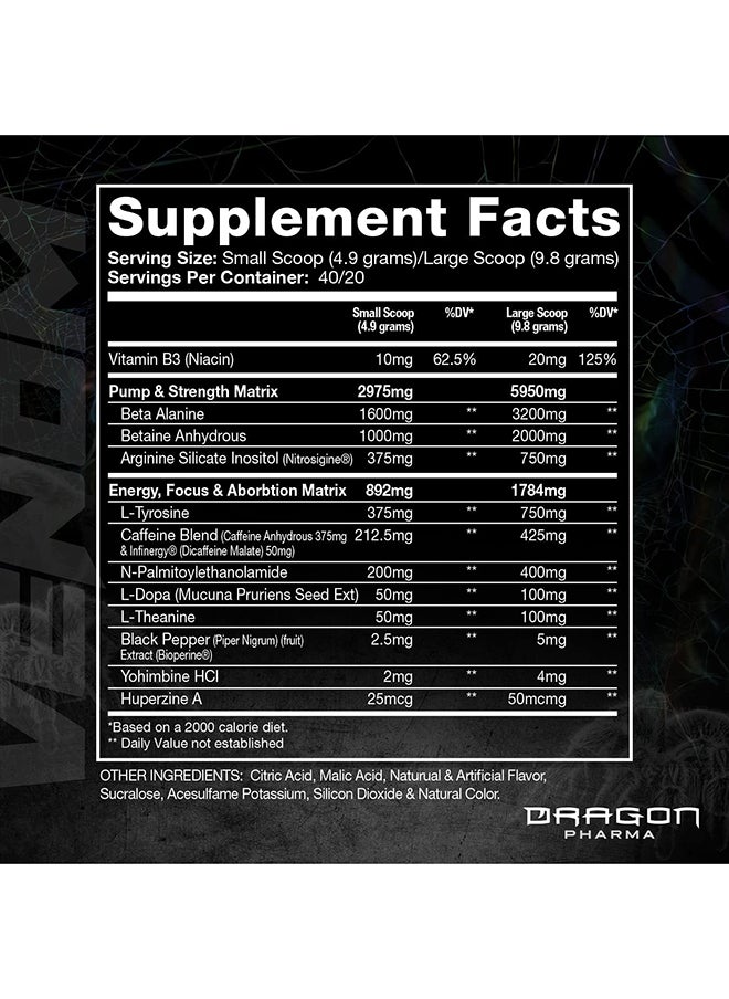 DRAGON PHARMA - Venom Extreme Potency Pre-Workout, Laser Sharp Focus + Energy, Intense Performance, Proven Ingredients For Enhanced Vasodilation & Endurance (40 Servings, Blue Raspberry) - Image 1