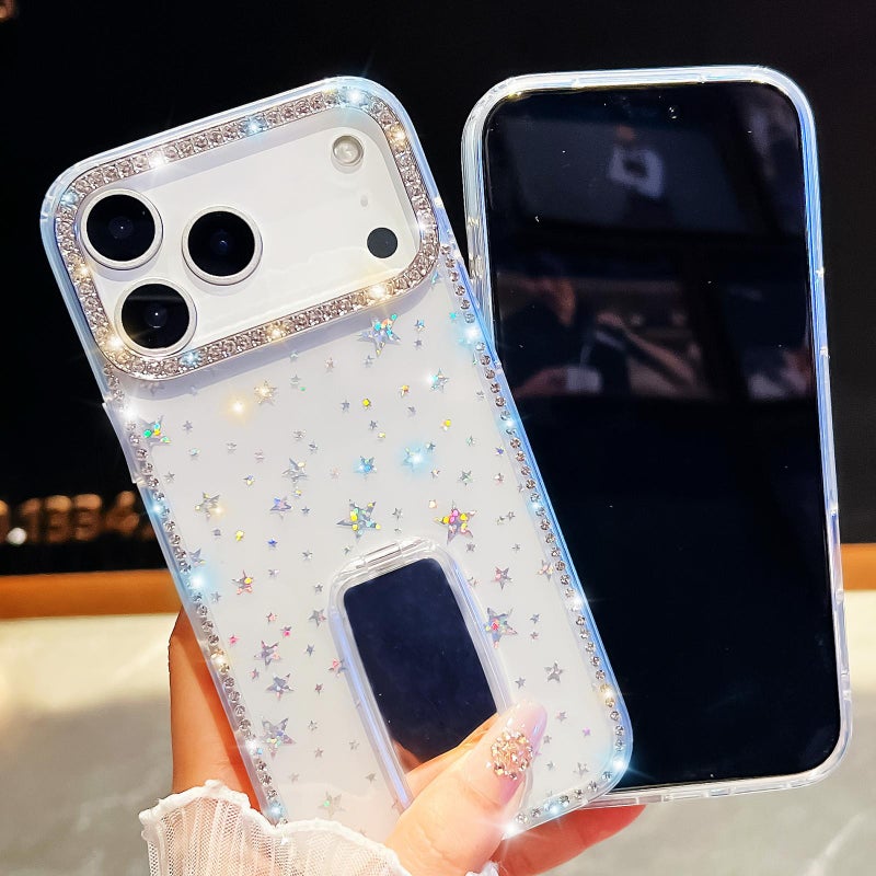 erorex For iPhone 13 Rhinestone Glitter TPU 4-corners Anti-fall Phone Case with Holder(Transparent) - Image 3