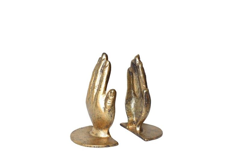 Juconsin Hands Bookends Prayer Hand Decorative Bookends Unique Gold Book Ends Heavy Duty Cast Iron Bookends For Shelves Decorative - Image 1