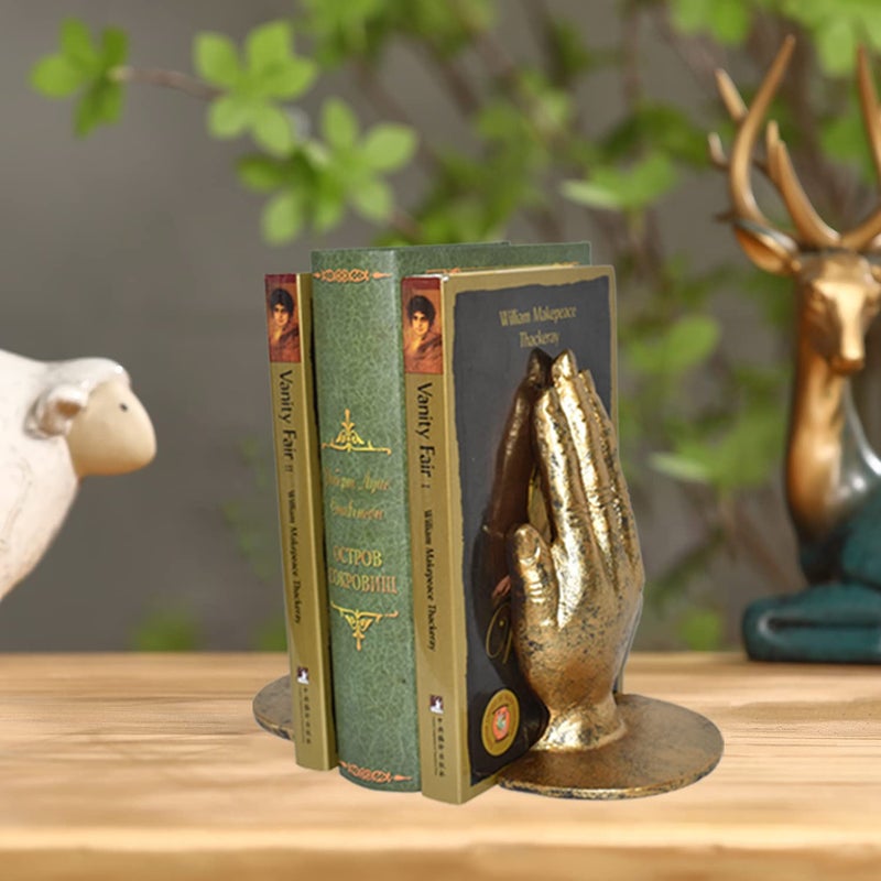 Juconsin Hands Bookends Prayer Hand Decorative Bookends Unique Gold Book Ends Heavy Duty Cast Iron Bookends For Shelves Decorative - Image 5
