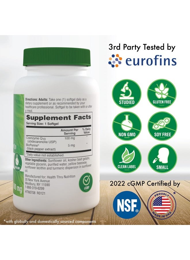 Health Thru Nutrition - Coq10 100Mg With Bioperine ; High Absorption Naturally Fermented Usp Grade Coenzyme Q10 ; 3Rd Party Tested ; Heart Health And Energy Support ; Nongmo (Pack Of 60) - Image 1