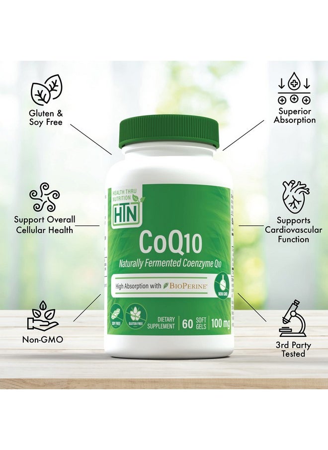 Health Thru Nutrition - Coq10 100Mg With Bioperine ; High Absorption Naturally Fermented Usp Grade Coenzyme Q10 ; 3Rd Party Tested ; Heart Health And Energy Support ; Nongmo (Pack Of 60) - Image 1