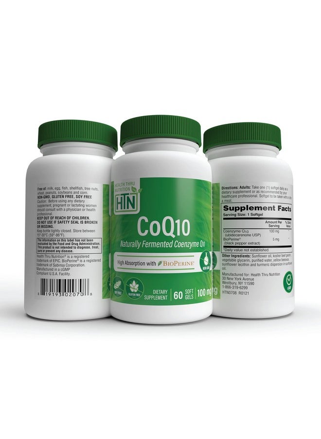 Health Thru Nutrition - Coq10 100Mg With Bioperine ; High Absorption Naturally Fermented Usp Grade Coenzyme Q10 ; 3Rd Party Tested ; Heart Health And Energy Support ; Nongmo (Pack Of 60) - Image 1