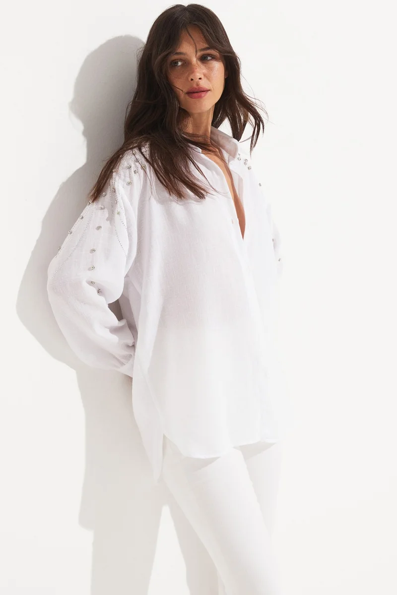 جون Women's Woven Shirt with Stone Detail on the Shoulder