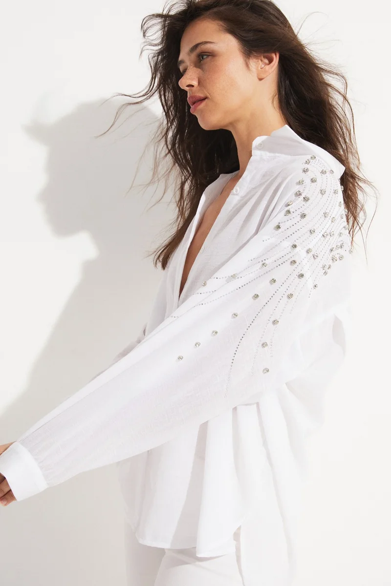 جون Women's Woven Shirt with Stone Detail on the Shoulder