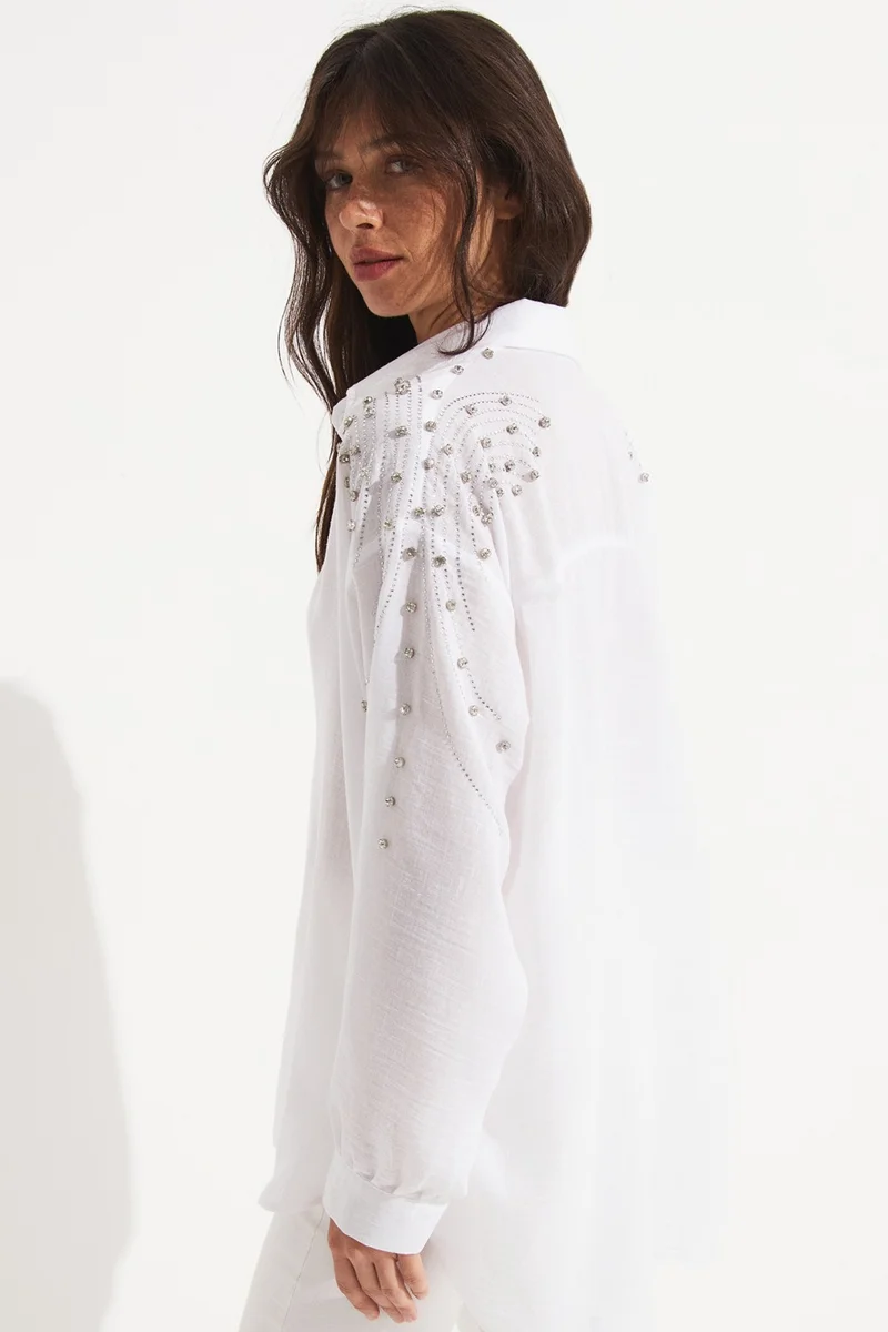 جون Women's Woven Shirt with Stone Detail on the Shoulder