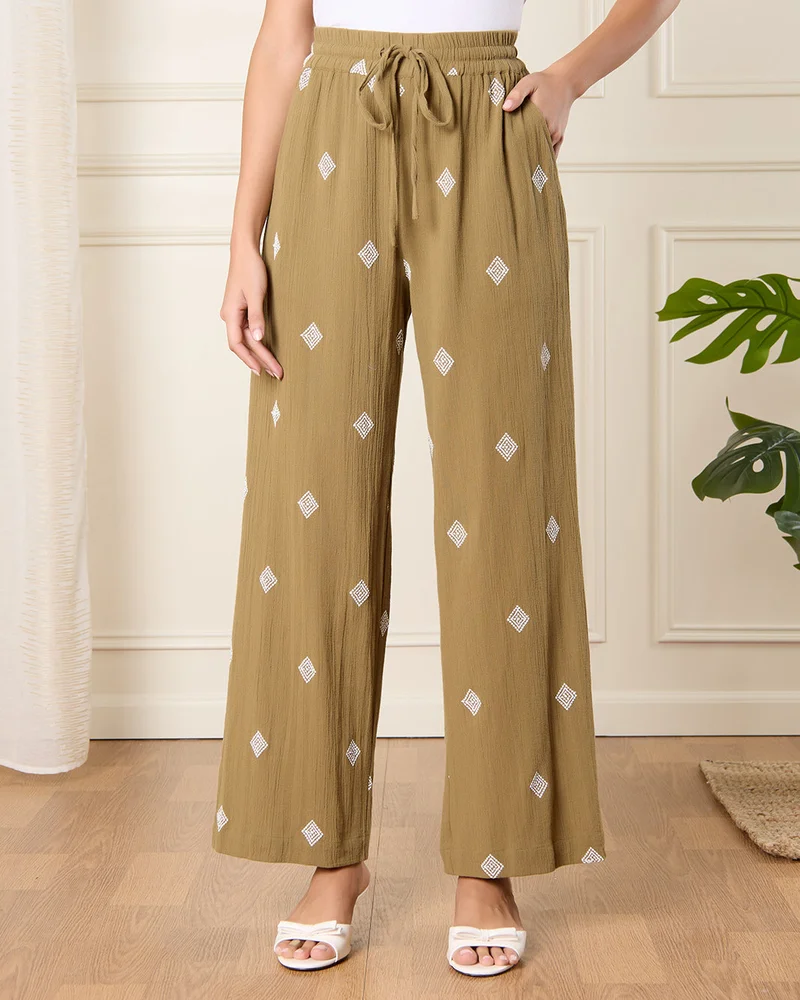 REDTAG Women Green Embroidered Wide Leg Trousers