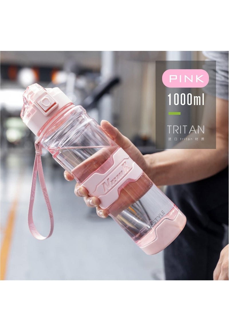 TYCOM Water Bottle 1L Leak-Proof Drink Bottle, Gym Bottle With Protein Shaker, Flip Top Lid & Removable Strainer Sport Bottle For Fitness Cycling, Gym Camping Sports （Transparent Pink）  - Image 2