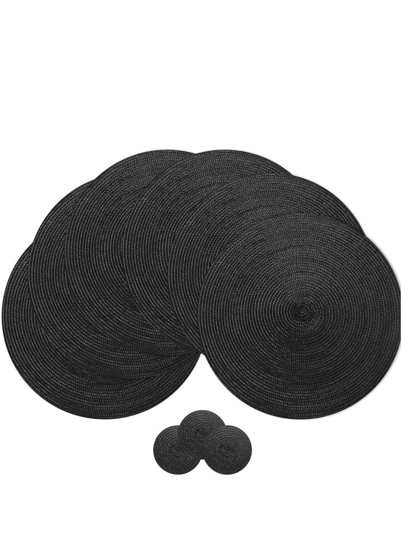 Excefore Round Braided Placemats Set of 6 Washable Round Table Mats, Cotton Polyester Woven Heat Resistant Place mats, Non-Slip Dining Tables Polypropylene PlaceSet(Black) - Image 1