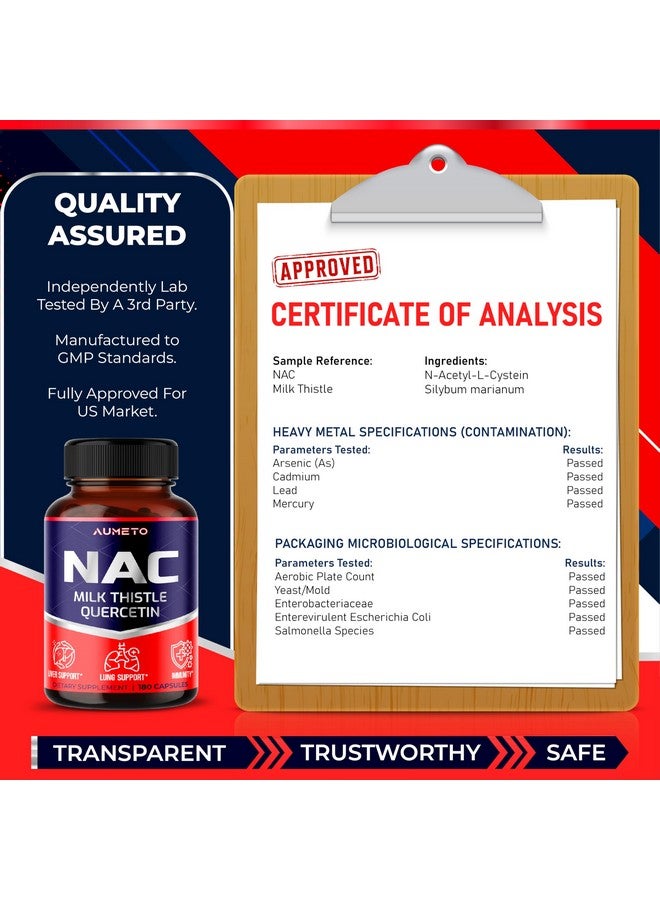 AUMETO Nac Supplement N-Acetyl-L-Cysteine - Enhanced with Milk Thistle + Quercetin for Optimal Immunity, Respiratory, Liver Wellness (180 Count (Pack of 1)) - Image 5