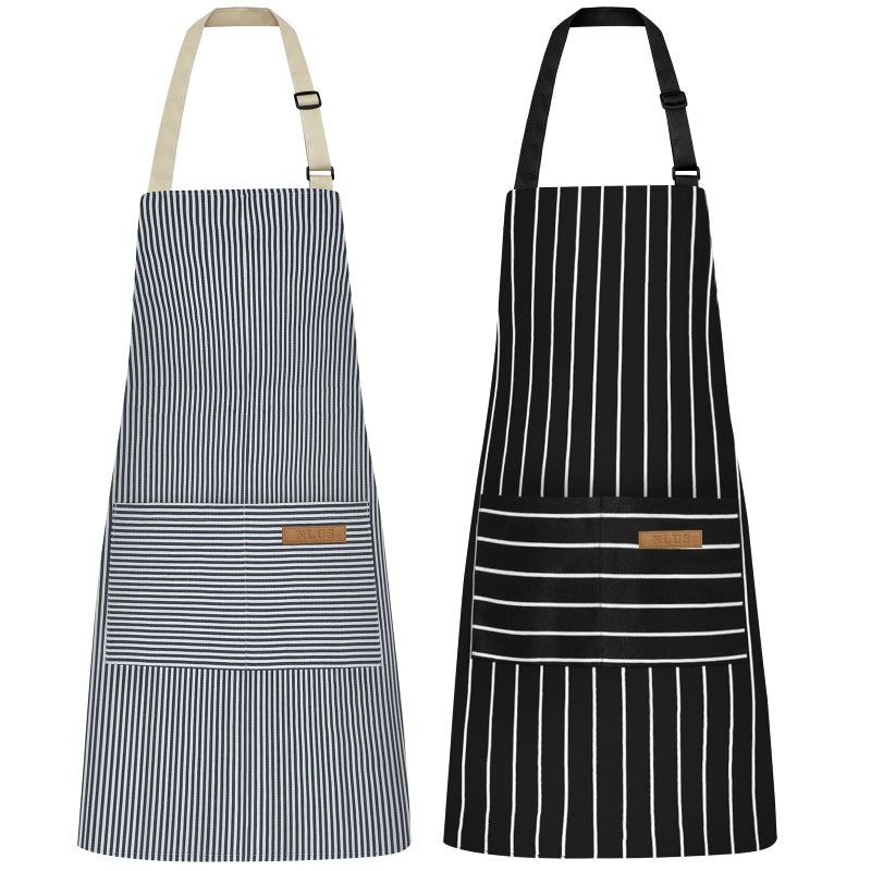 NLUS 2 Pcs Kitchen Cooking Aprons PolyCotton Blend Adjustable Soft Bib Stripe Aprons with 2 Pockets for Women Men Chef Blue PinstripesBlack Stripes