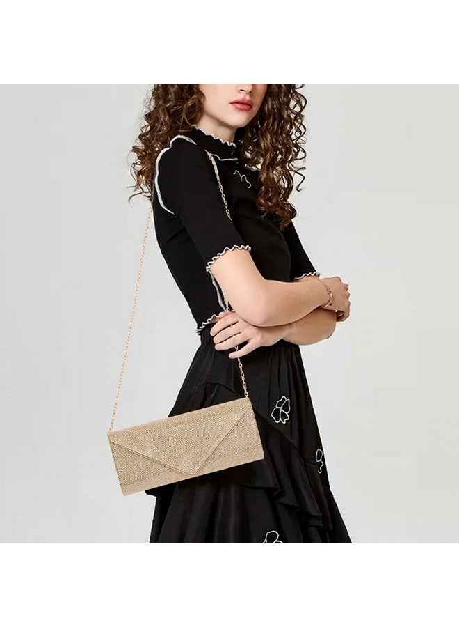 حقائب كلاتش لارسينسيل للنساء، حقيبة سهرة لامعة على شكل ظرف مع سلسلة قابلة للفصل، حقيبة يد رسمية معدنية مزينة بالترتر اللامع، حقيبة كتف، حقيبة حفلات التخرج، حقيبة زفاف - ذهبي شامبانيا - Image 1