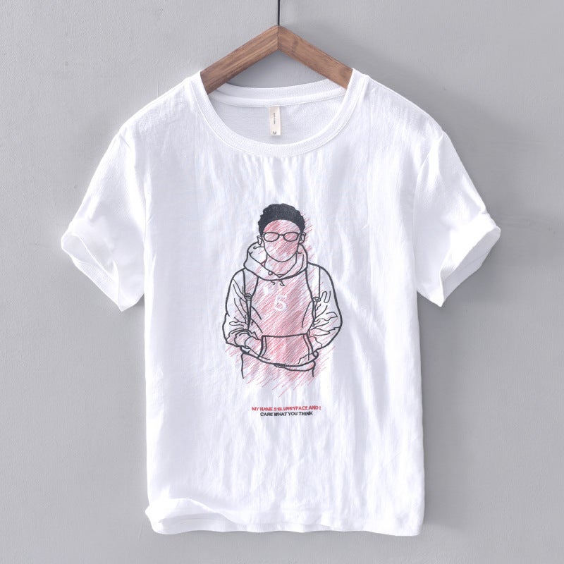 3378-3387 cute cartoon printed short T-shirt men's cotton and linen casual stitching short sleeve T-shirt men's a generation of hair - Image 1