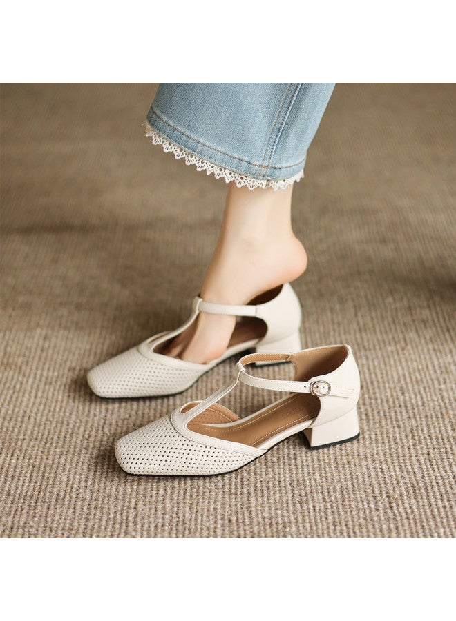 AME Openwork Sandals 2025 New T-strap Simple Elegant Mid-heel Sandals For Women, Graceful Mary Jane Style - Image 4