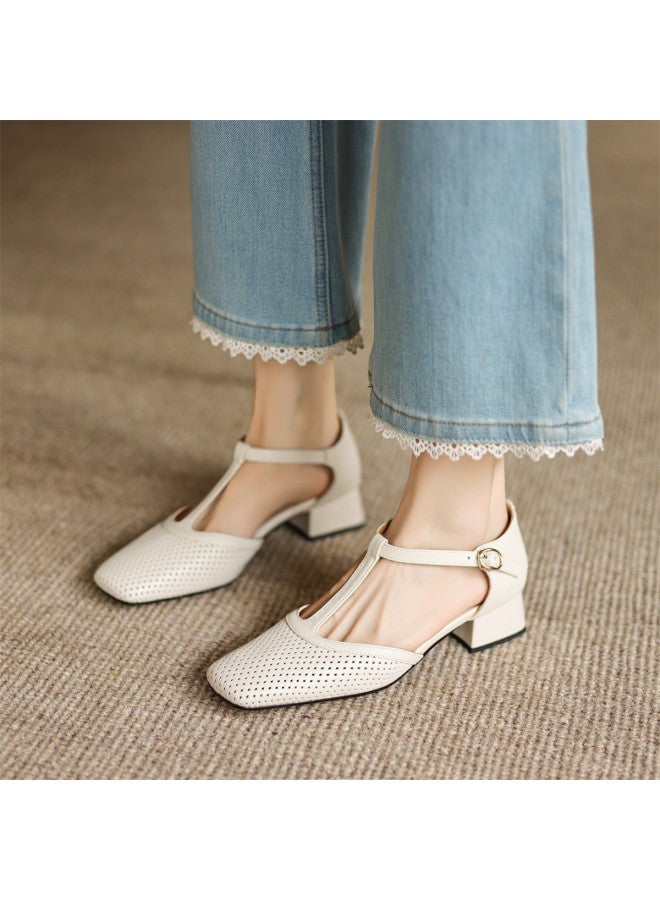 AME Openwork Sandals 2025 New T-strap Simple Elegant Mid-heel Sandals For Women, Graceful Mary Jane Style - Image 5