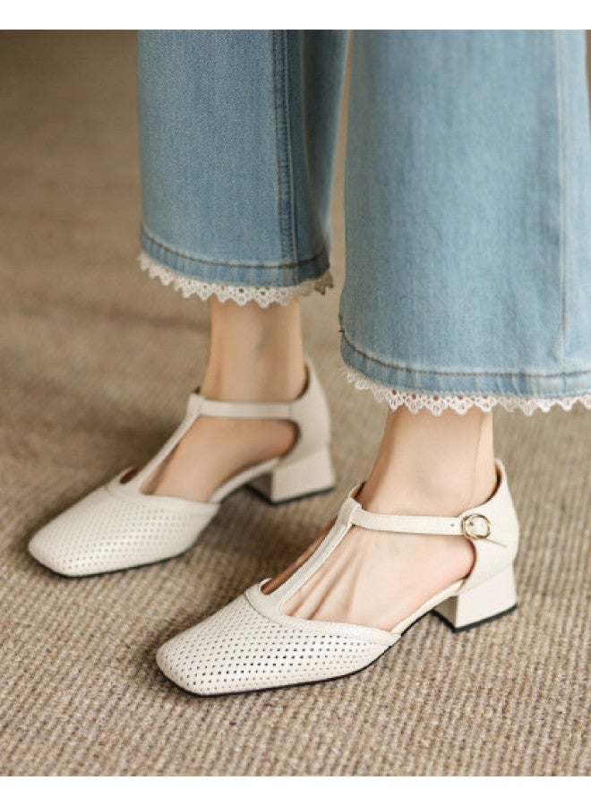 AME Openwork Sandals 2025 New T-strap Simple Elegant Mid-heel Sandals For Women, Graceful Mary Jane Style - Image 1