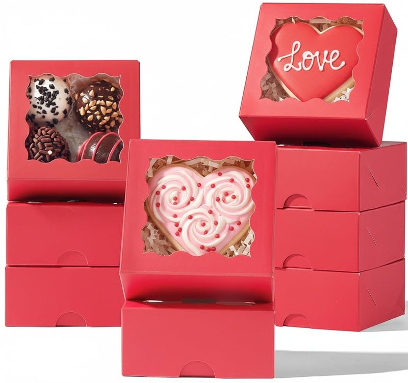 JCXGRVC 50PCS 325x325x15 inches Red Small Bakery Boxes with Window Cookie Macaron Mini Cake Truffle Gift Boxes for Christmas Gifts Birthday Wedding Valentines Day Party Favors - Image 2