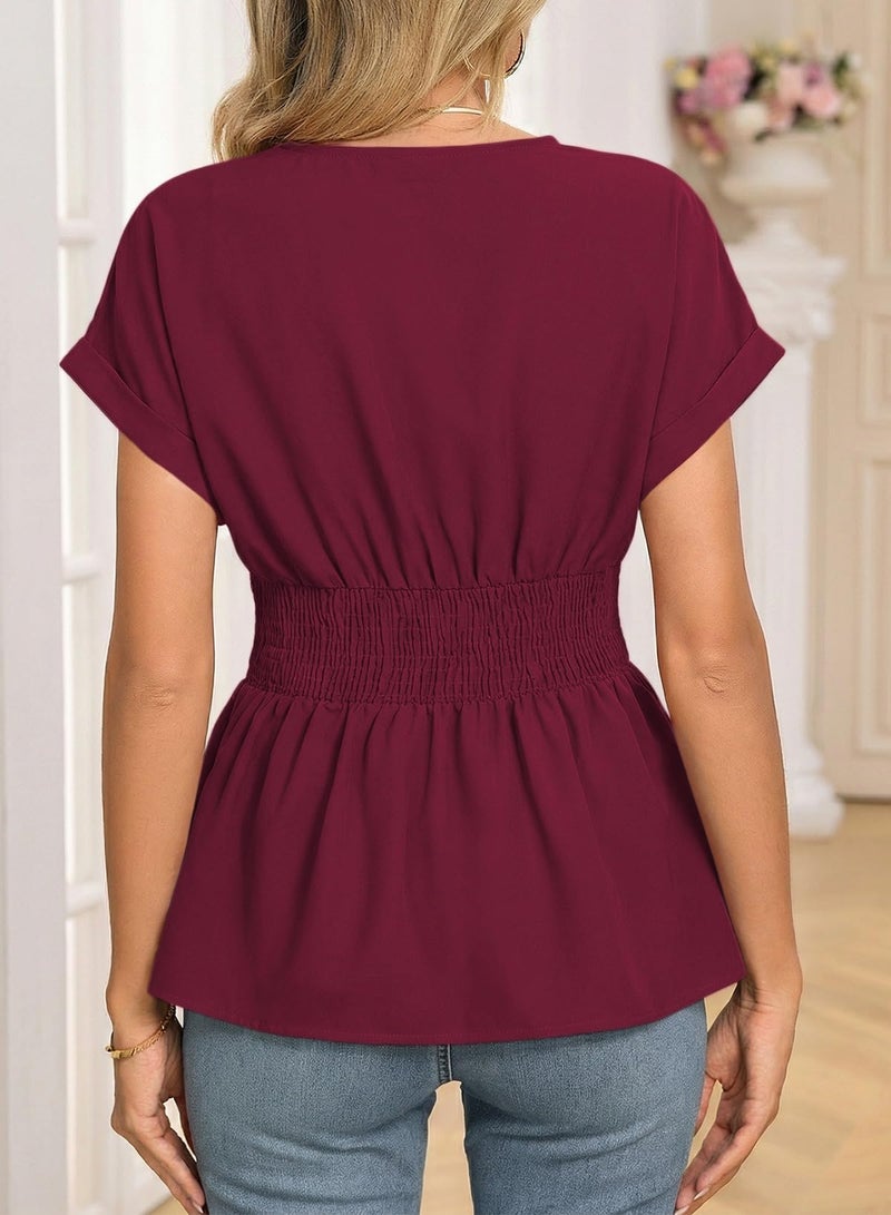 Astylish Women's Casual Cap Sleeve Wrap Peplum Shirts Dressy V Neck Work Ruched Waist Flowy Blouses Tops Burgundy X-Large - Image 2
