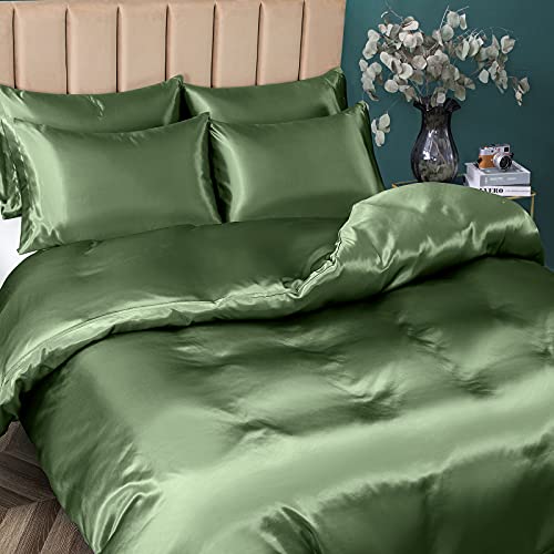 P Pothuiny 5 Pieces Satin Duvet Cover Full/Queen Size Set, Luxury Silky Like Sage Green Duvet Cover Bedding Set with Zipper Closure, 1 Duvet Cover + 4 Pillow Cases (No Comforter) - Image 3