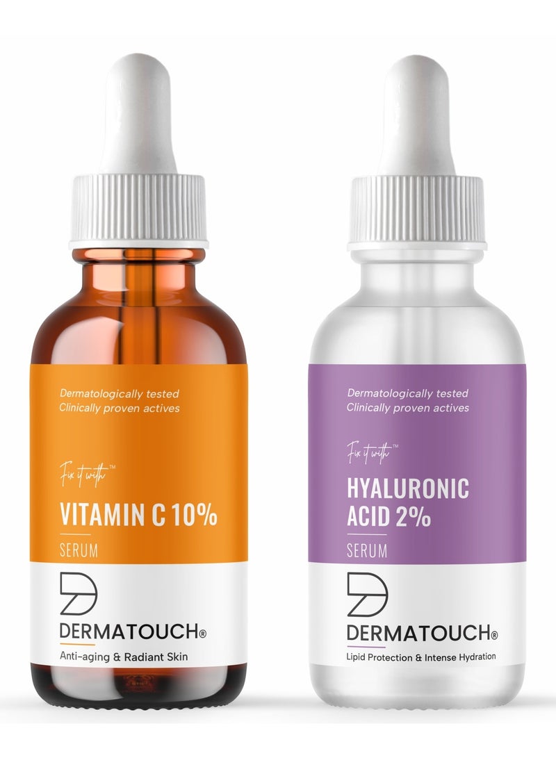 DERMATOUCH Anti Aging Serum Set - 10% Vitamin C Serum & 2% Hyaluronic Acid Serum | For Wrinkle, Firming, Hydration & Radiant Skin | Boost glow & Moisturize to Skin - 30ml + 30ml - Image 1