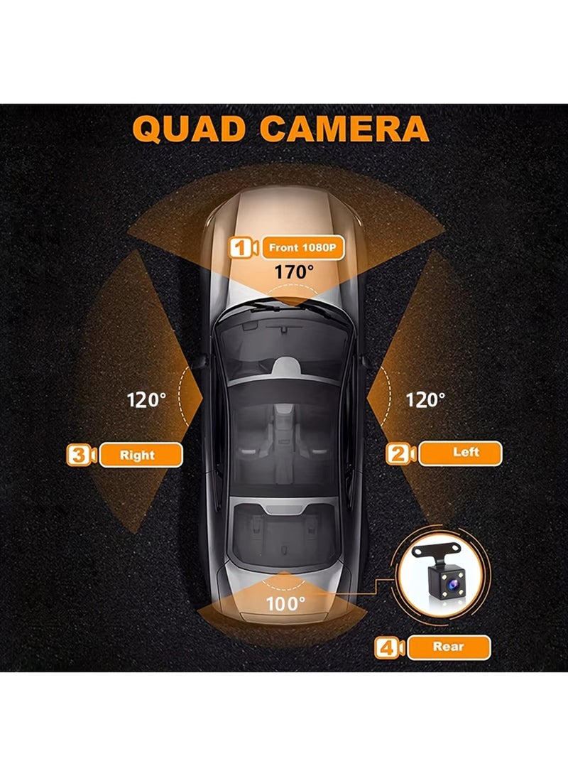 EzzySo كاميرا داش HD بدقة 1080P مزودة بشاشة LED، وزر تحكم بحجم 5.08 سم، ورؤية ليلية، ومصدر طاقة بموصل سيارة 5V، وبطارية ليثيوم بوليمر قابلة لإعادة الشحن بسعة 150 مللي أمبير للتسجيل من الأمام واليسار واليمين والخلف (جانب السائق)، وهي قطعة واحدة مع 4 قنوات. - Image 5