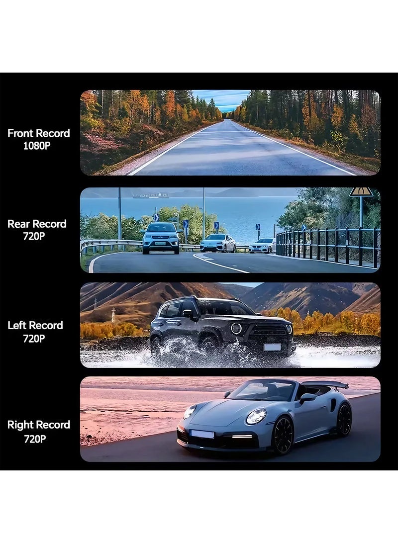 EzzySo كاميرا داش HD بدقة 1080P مزودة بشاشة LED، وزر تحكم بحجم 5.08 سم، ورؤية ليلية، ومصدر طاقة بموصل سيارة 5V، وبطارية ليثيوم بوليمر قابلة لإعادة الشحن بسعة 150 مللي أمبير للتسجيل من الأمام واليسار واليمين والخلف (جانب السائق)، وهي قطعة واحدة مع 4 قنوات. - Image 4