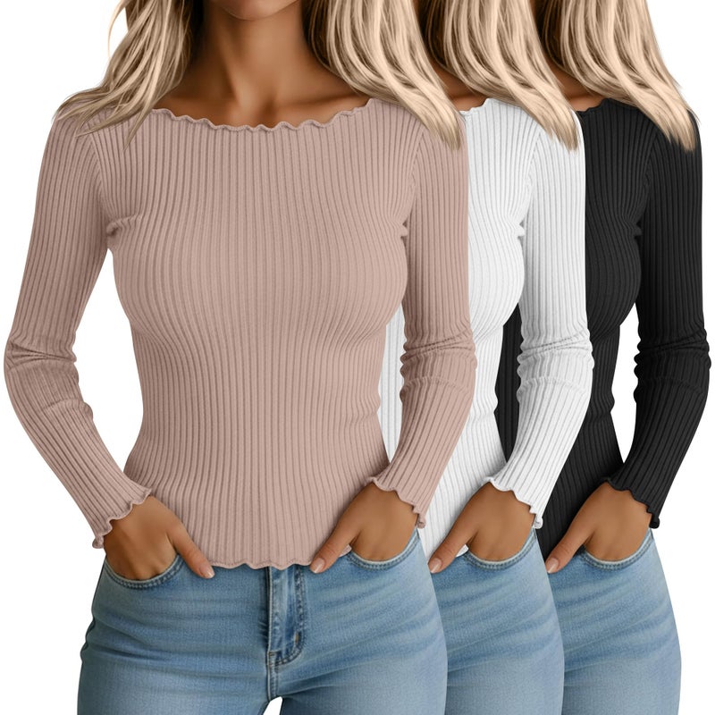 Riyiper 3 Pack Women's Long Sleeve Shirts Ribbed Cotton Boat Neck Tops Lettuce Trim Underscrub Slim Fit Casual Basic Tees(Black, White, Khaki,Large) - Image 1