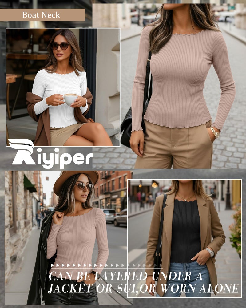 Riyiper 3 Pack Women's Long Sleeve Shirts Ribbed Cotton Boat Neck Tops Lettuce Trim Underscrub Slim Fit Casual Basic Tees(Black, White, Khaki,Large) - Image 4