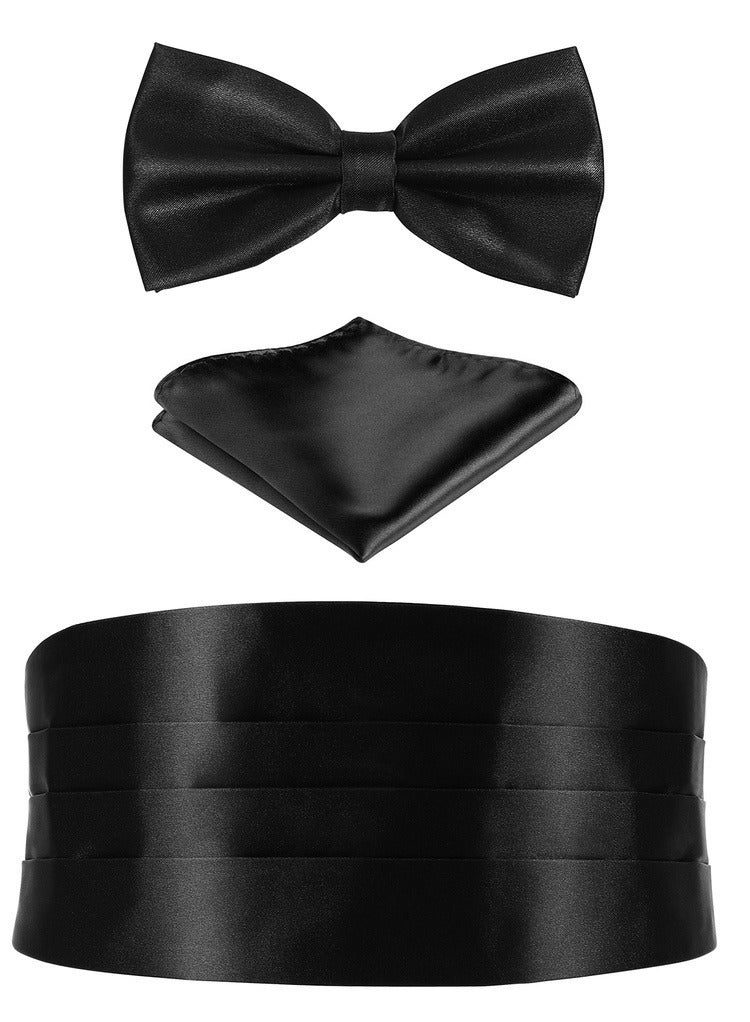 Black cummrbund / Waistband (stomach holder/belt) and bow tie with Handkerchief set for tuxedo suite  - Image 2