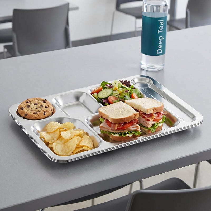 Fasmov 4 Pack Stainless Steel Rectangular Divided Dinner Tray, 6 Sections Stainless steel Metal Plate for Adults, Picky Eaters, Campers, and Portion Control - Image 5