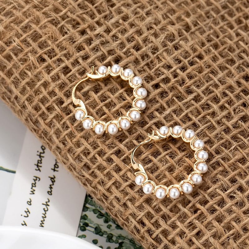 YOUFENG Pearl Hoop Earrings for Women Fashion Dangle Hypoallergenic Earrings Drop Dangle Earrings Gifts for Women Small Gold Hoop - Image 2