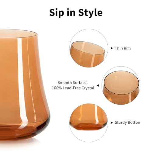 Imourari Crystal Stemless Wine Glasses: 15oz Set of 4 Cute Brown Hand Blown Amber No Stem Wine Glass for Fall Autumn Winter Dinner - Image 5