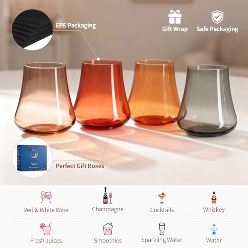 Imourari Crystal Stemless Wine Glasses: 15oz Set of 4 Cute Brown Hand Blown Amber No Stem Wine Glass for Fall Autumn Winter Dinner - Image 4