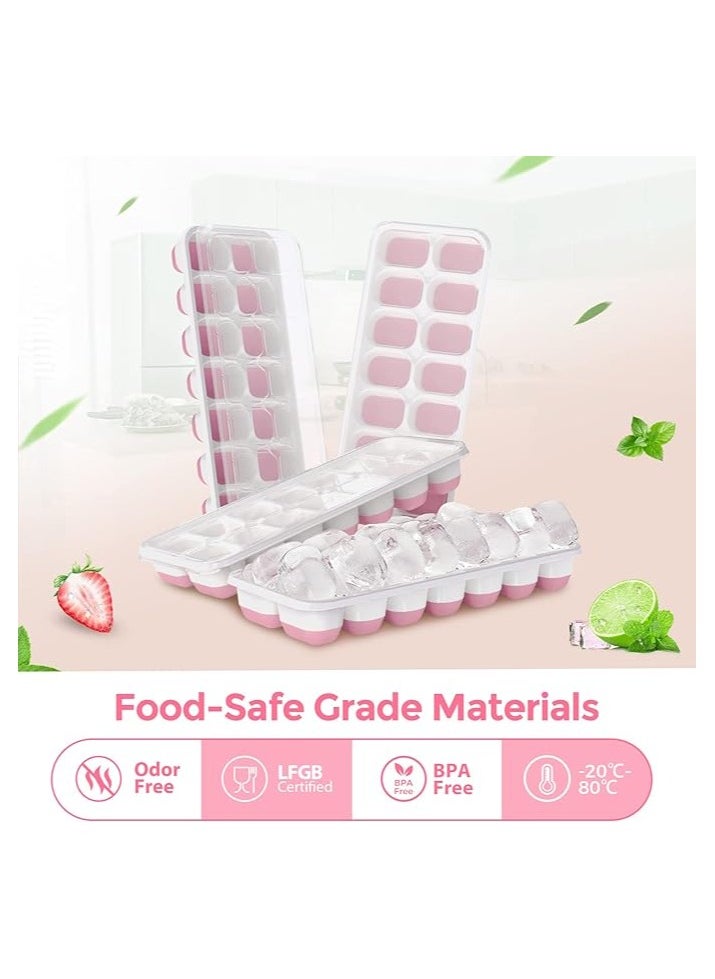 MahMir - 4 Piece Pack, Easy-Release Flexible & Silicone 14-Ice Trays with Spill-Resistant Removable Lid, and BPA Free, for Cocktail, Freezer, Stackable Chocolate Trays with Lids ( Pink ) - Image 1