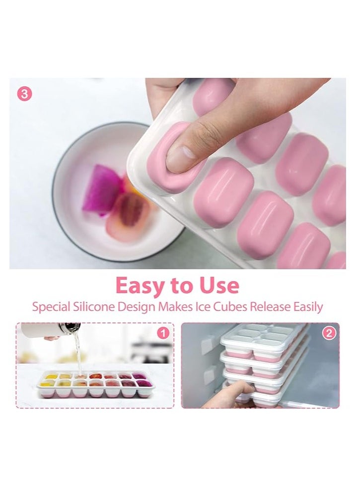 MahMir - 4 Piece Pack, Easy-Release Flexible & Silicone 14-Ice Trays with Spill-Resistant Removable Lid, and BPA Free, for Cocktail, Freezer, Stackable Chocolate Trays with Lids ( Pink ) - Image 1