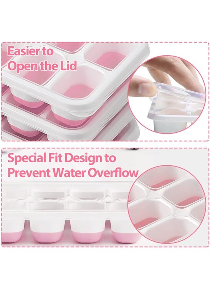 MahMir - 4 Piece Pack, Easy-Release Flexible & Silicone 14-Ice Trays with Spill-Resistant Removable Lid, and BPA Free, for Cocktail, Freezer, Stackable Chocolate Trays with Lids ( Pink ) - Image 1