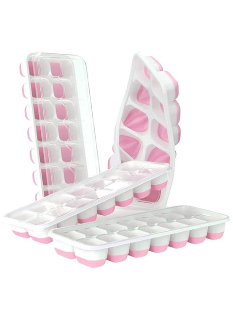 4 Piece Pack, Easy-Release Flexible & Silicone 14-Ice Trays with Spill-Resistant Removable Lid, and BPA Free, for Cocktail, Freezer, Stackable Chocolate Trays with Lids ( Pink )